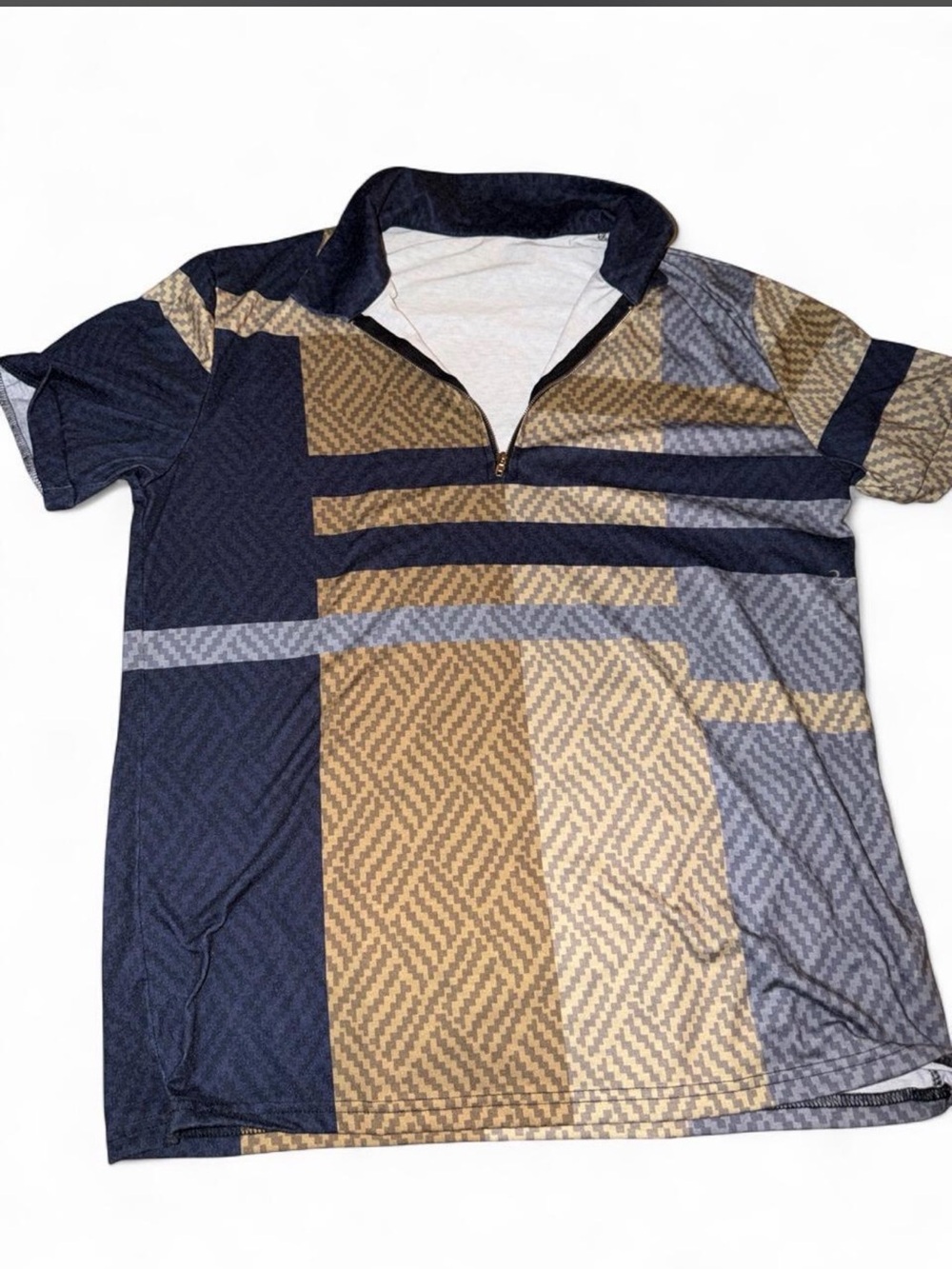 Men's Short-Sleeve Polo in Navy, Tan & Gray - Geometric Quarter-Zip